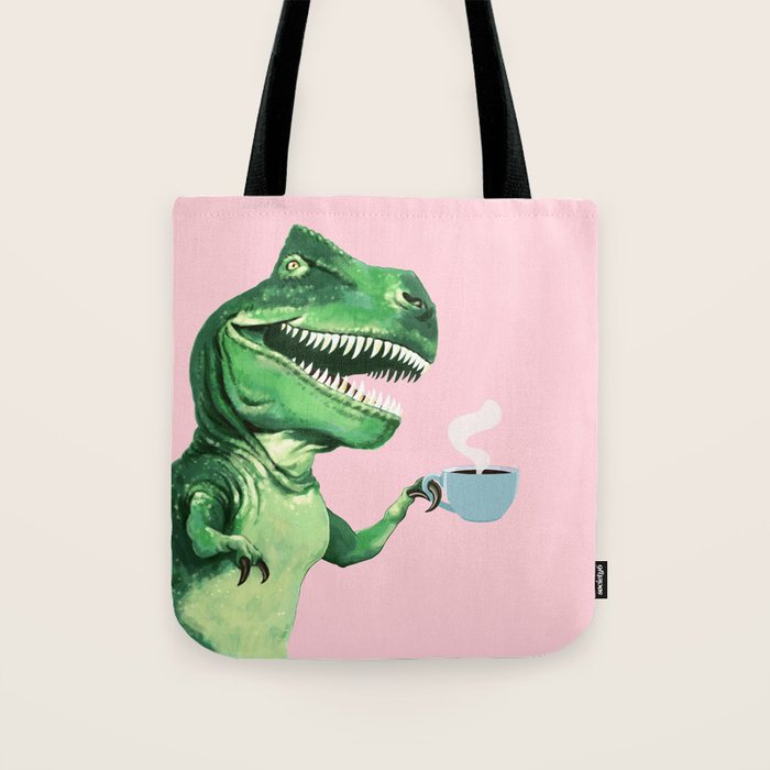 T-Rex Enjoying Coffee in Pink Tote Bag Gallery Image 1