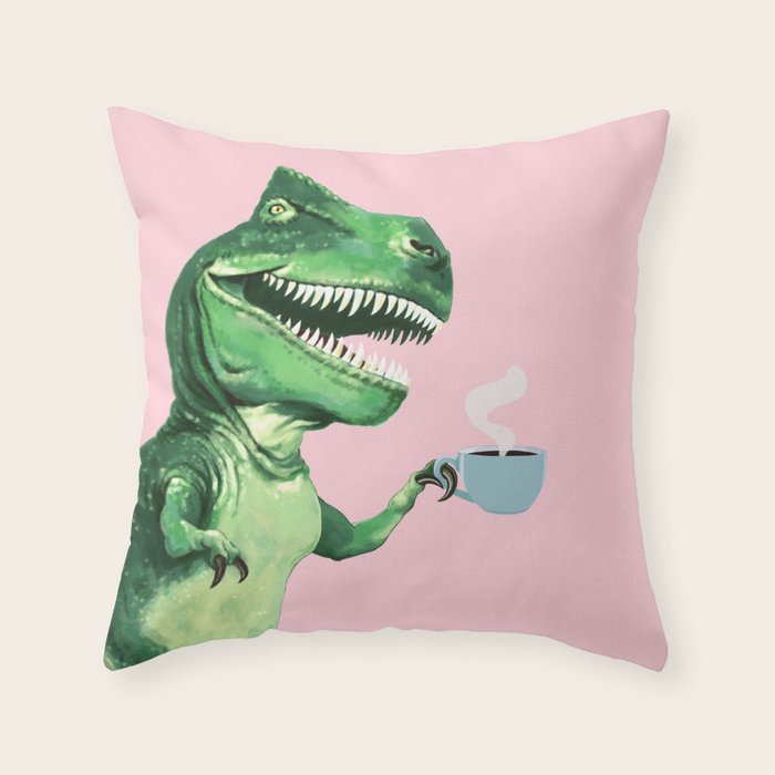 T-Rex Enjoying Coffee in Pink Throw Pillow Gallery Image 6