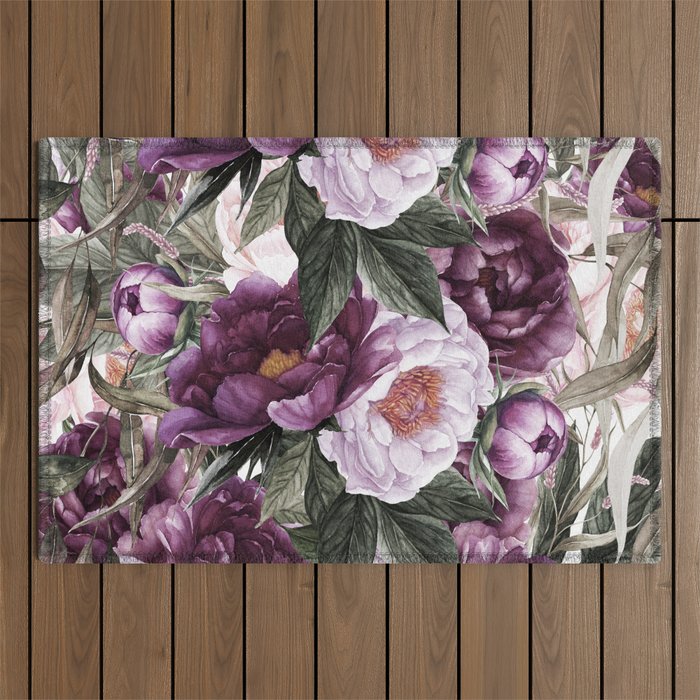 Purple Plum Pink Watercolor Peonies and Greenery Outdoor Rug Gallery Image 1