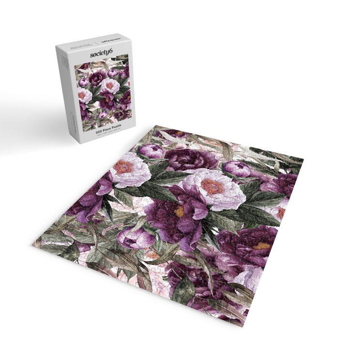 Purple Plum Pink Watercolor Peonies and Greenery Jigsaw Puzzle Gallery Image 2