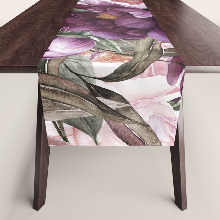 Purple Plum Pink Watercolor Peonies and Greenery Table Runner Gallery Image 1