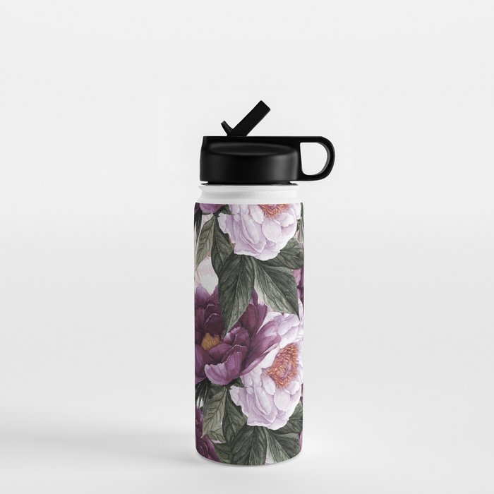 Purple Plum Pink Watercolor Peonies and Greenery Water Bottle Gallery Image 1