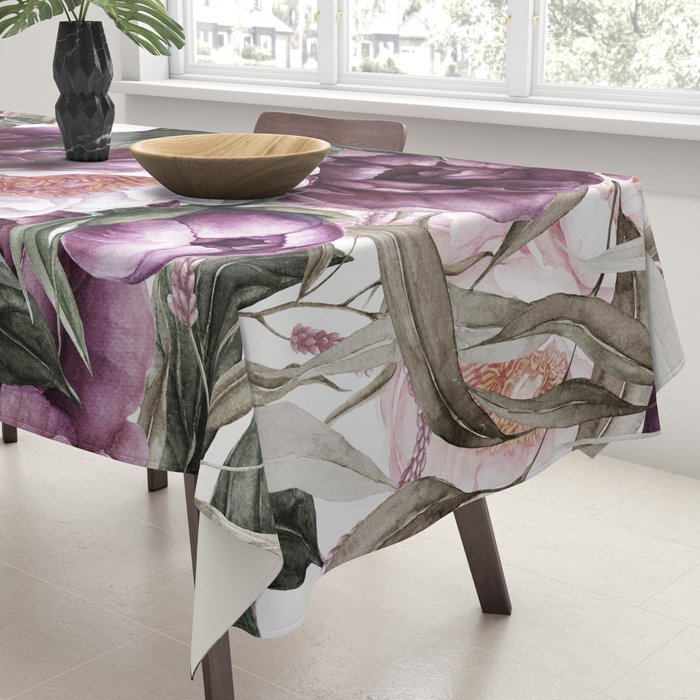 Purple Plum Pink Watercolor Peonies and Greenery Tablecloth Gallery Image 3