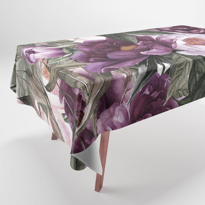 Purple Plum Pink Watercolor Peonies and Greenery Tablecloth Gallery Image 1