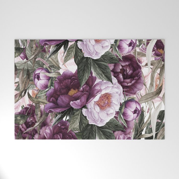 Purple Plum Pink Watercolor Peonies and Greenery Welcome Mat