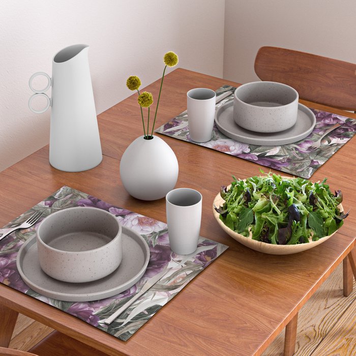 Purple Plum Pink Watercolor Peonies and Greenery Placemat Gallery Image 2