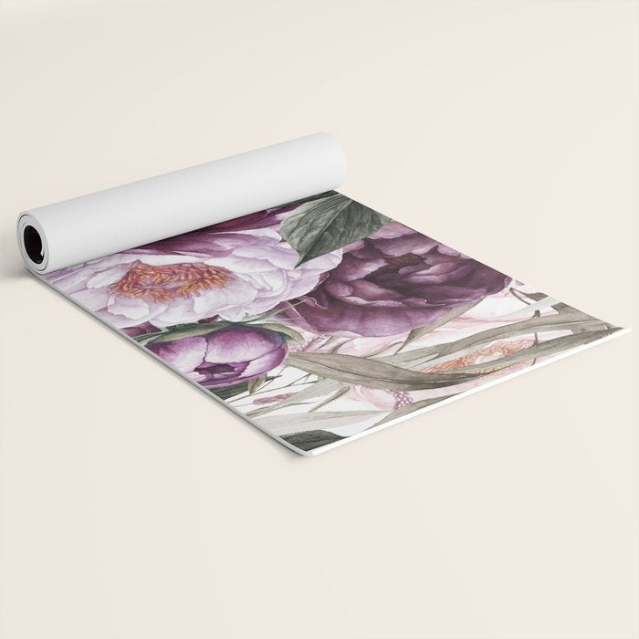 Purple Plum Pink Watercolor Peonies and Greenery Yoga Mat Gallery Image 2