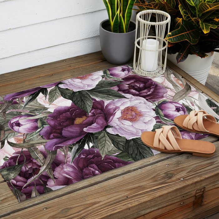 Purple Plum Pink Watercolor Peonies and Greenery Outdoor Rug Gallery Image 2