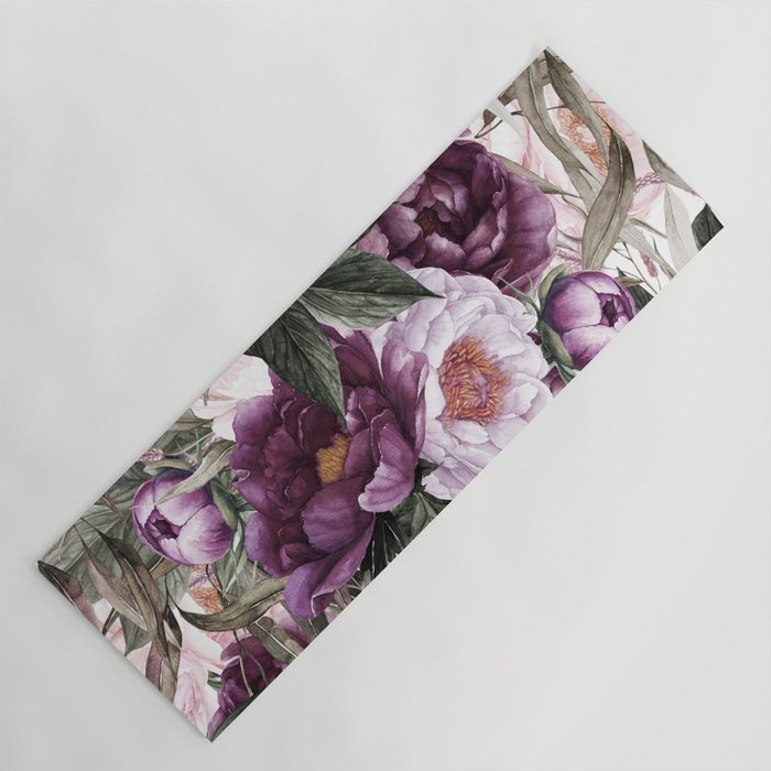Purple Plum Pink Watercolor Peonies and Greenery Yoga Mat Gallery Image 1