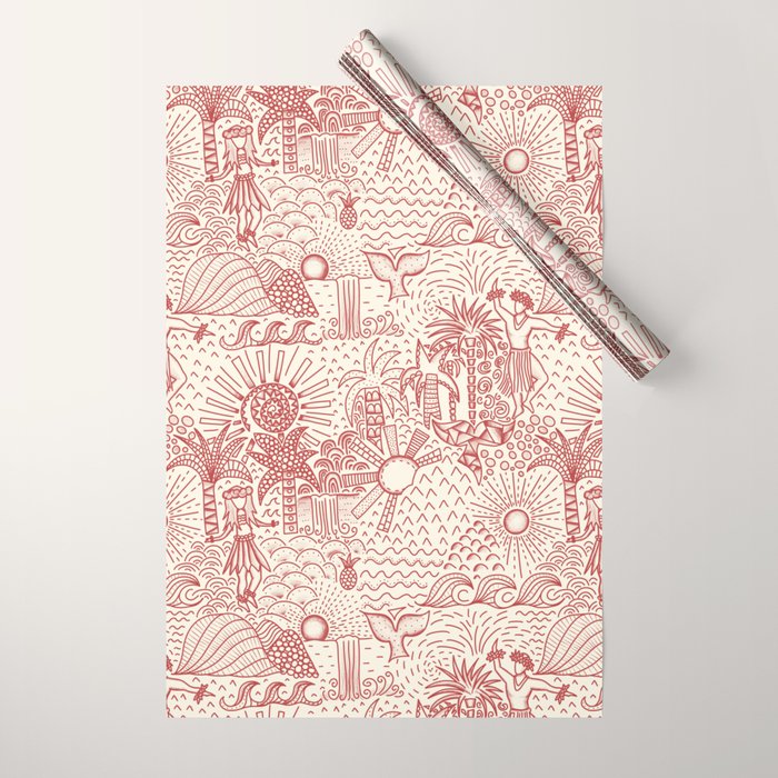 Hawaiian Hula Dancer Toile Red Wrapping Paper Gallery Image 1