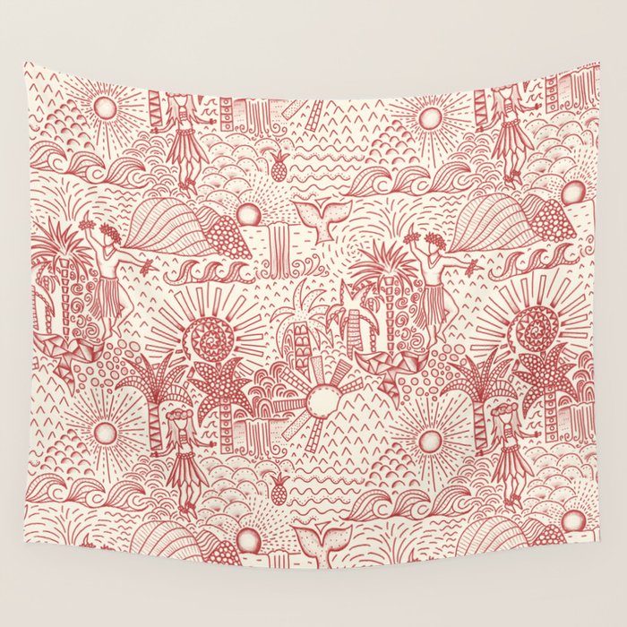Hawaiian Hula Dancer Toile Red Wall Tapestry Gallery Image 1