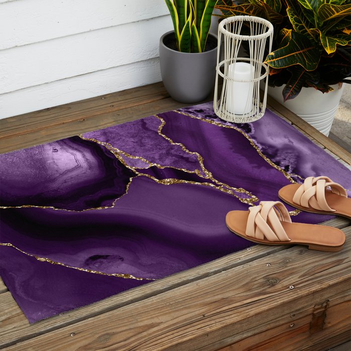 Glamour Purple Bohemian Watercolor Marble With Glitter Veins Outdoor Rug Gallery Image 2