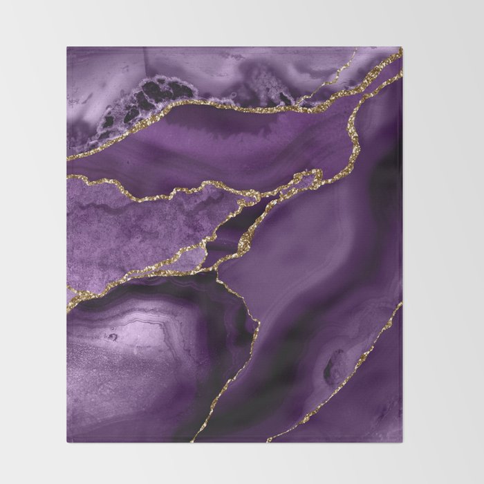 Glamour Purple Bohemian Watercolor Marble With Glitter Veins Throw Blanket Gallery Image 2