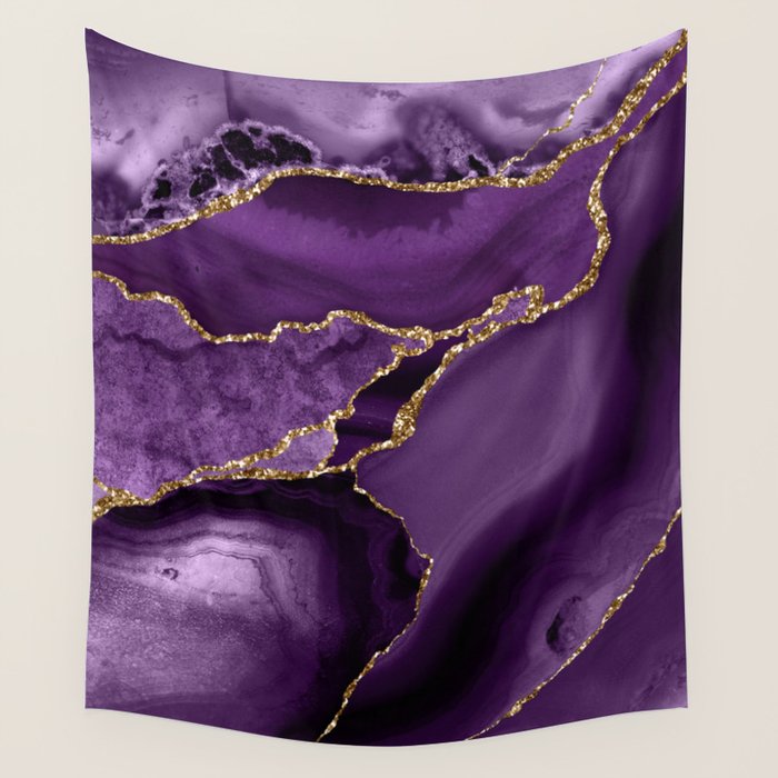 Glamour Purple Bohemian Watercolor Marble With Glitter Veins Wall Tapestry Gallery Image 1