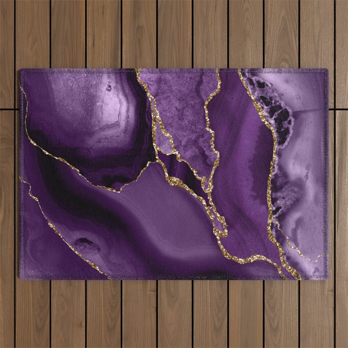 Glamour Purple Bohemian Watercolor Marble With Glitter Veins Outdoor Rug Gallery Image 1