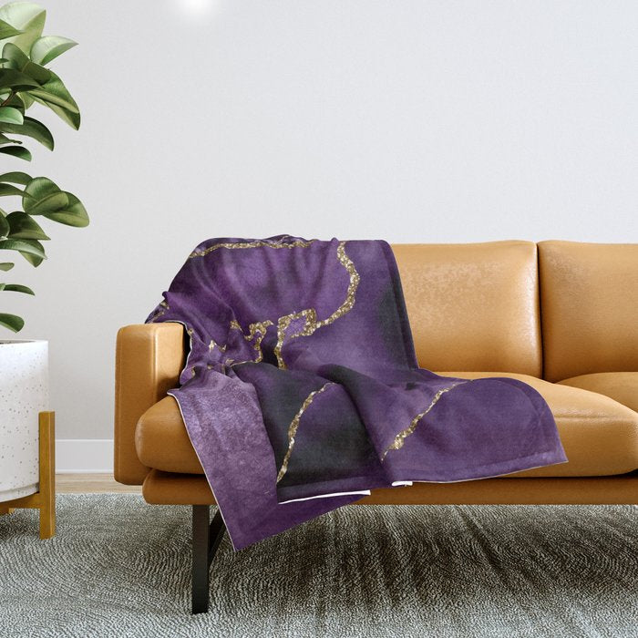Glamour Purple Bohemian Watercolor Marble With Glitter Veins Throw Blanket Gallery Image 1