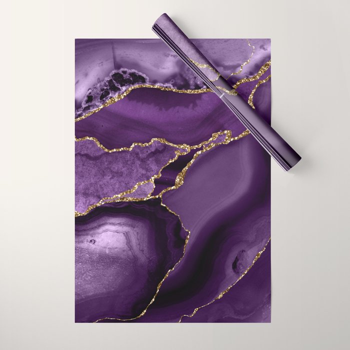 Glamour Purple Bohemian Watercolor Marble With Glitter Veins Wrapping Paper Gallery Image 1
