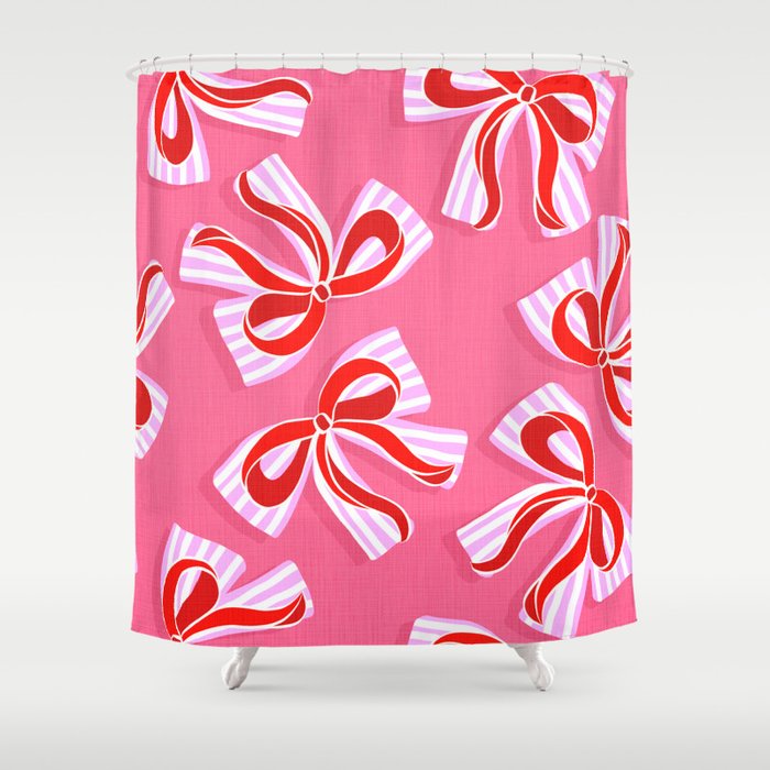 Ditsy Kitsch Ribbons and bows 2. Watermelon Pink and Red Shower Curtain Gallery Image 1