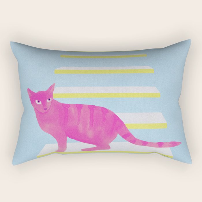 Cat On The Stairs - Pink Rectangular Pillow