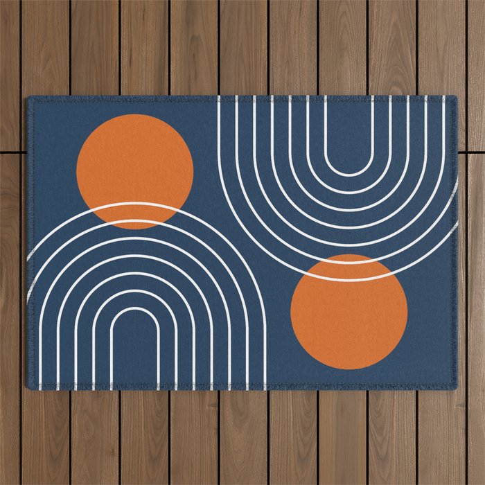 Mid Century Modern Geometric 83 in Navy Blue and Orange (Rainbow and Sun Abstraction) Outdoor Rug Gallery Image 1