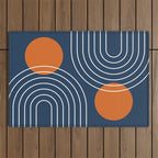 Mid Century Modern Geometric 83 in Navy Blue and Orange (Rainbow and Sun Abstraction) Outdoor Rug Gallery Image 1