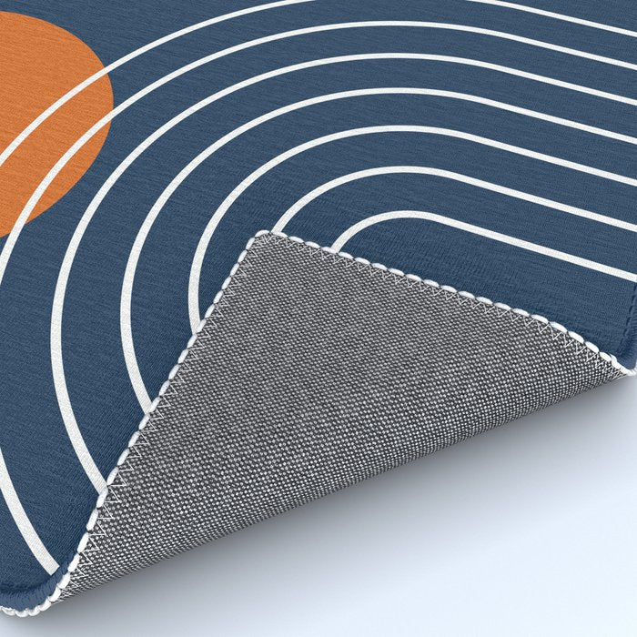 Mid Century Modern Geometric 83 in Navy Blue and Orange (Rainbow and Sun Abstraction) Rug Gallery Image 4