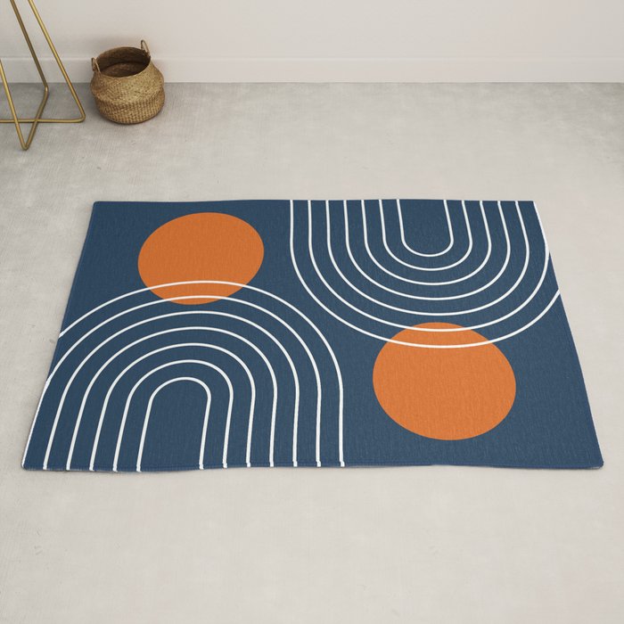 Mid Century Modern Geometric 83 in Navy Blue and Orange (Rainbow and Sun Abstraction) Rug Gallery Image 2