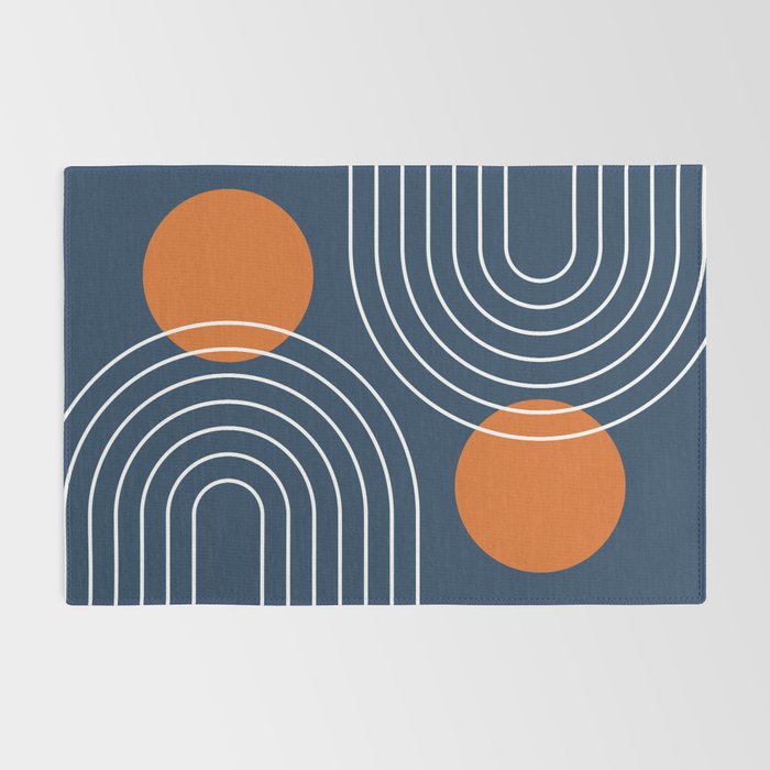 Mid Century Modern Geometric 83 in Navy Blue and Orange (Rainbow and Sun Abstraction) Rug Gallery Image 2