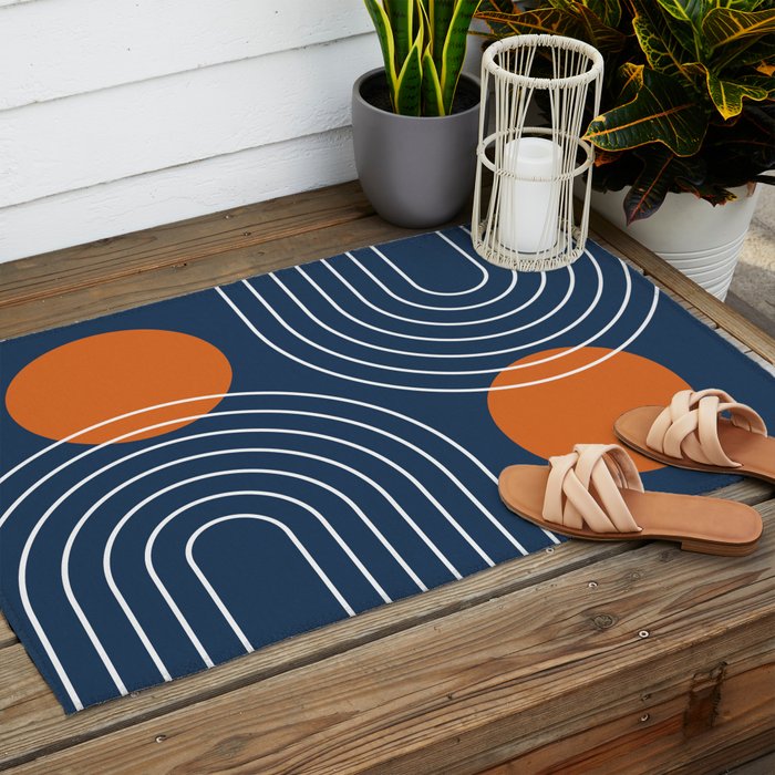Mid Century Modern Geometric 83 in Navy Blue and Orange (Rainbow and Sun Abstraction) Outdoor Rug Gallery Image 2
