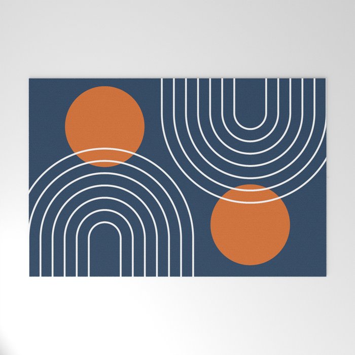 Mid Century Modern Geometric 83 in Navy Blue and Orange (Rainbow and Sun Abstraction) Welcome Mat Gallery Image 1