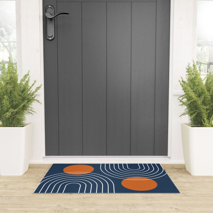 Mid Century Modern Geometric 83 in Navy Blue and Orange (Rainbow and Sun Abstraction) Welcome Mat Gallery Image 3