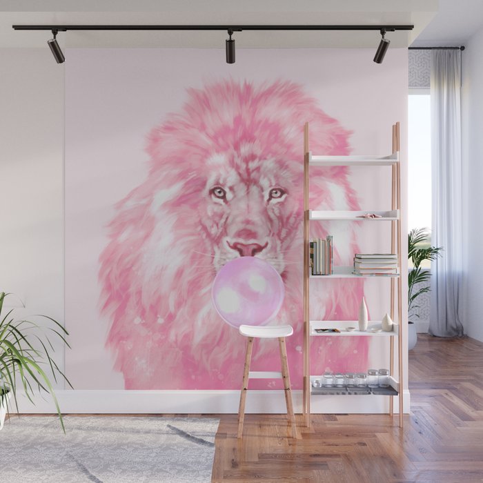 Lion Chewing Bubble Gum in Pink Wall Mural Gallery Image 1