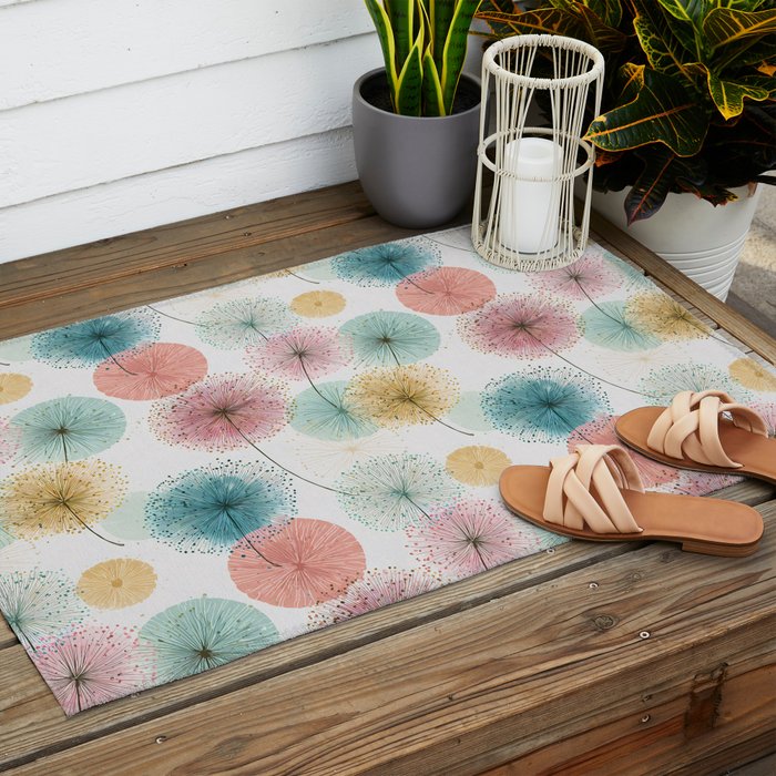 Abstract Dandelion Print in Retro Colors Outdoor Rug Gallery Image 2