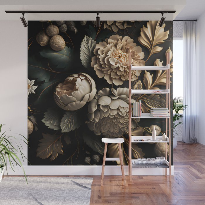 Victorian Cameo and Dark Floral Print Wall Mural Gallery Image 1