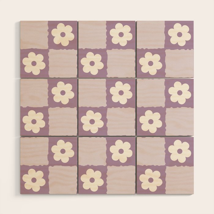 Retro Daisy Flower Checker in Purple Wood Wall Art Gallery Image 1