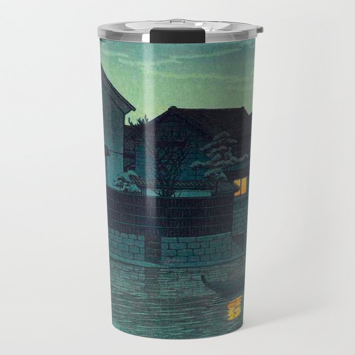 Kawase Hasui Vintage Japanese Woodblock Print Japanese Village Under Moonlight Cloudy Sky Travel Mug Gallery Image 1