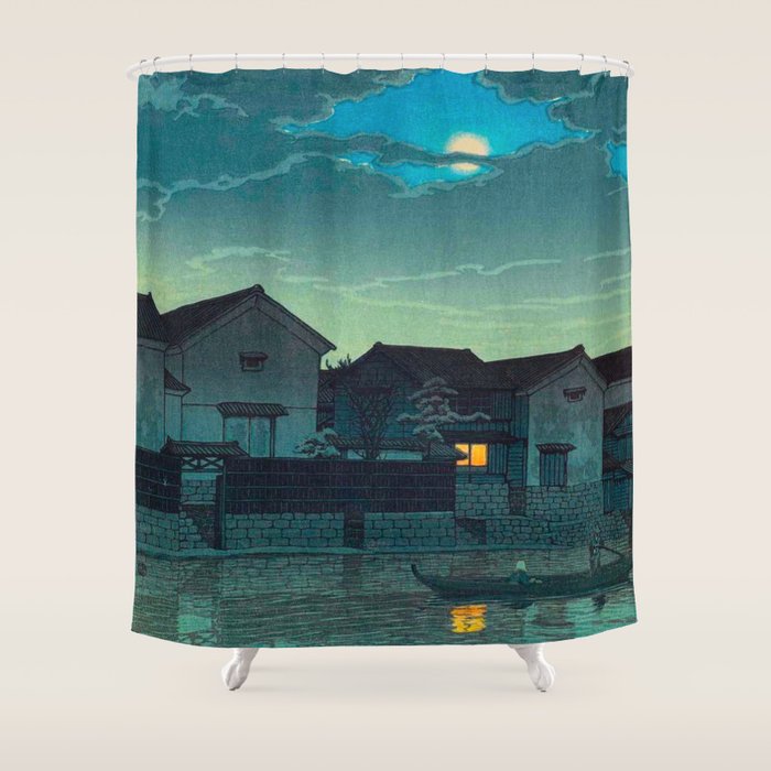 Kawase Hasui Vintage Japanese Woodblock Print Japanese Village Under Moonlight Cloudy Sky Shower Curtain Gallery Image 1