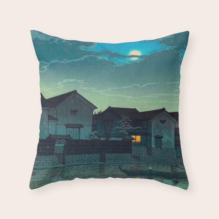 Kawase Hasui Vintage Japanese Woodblock Print Japanese Village Under Moonlight Cloudy Sky Throw Pillow Gallery Image 1