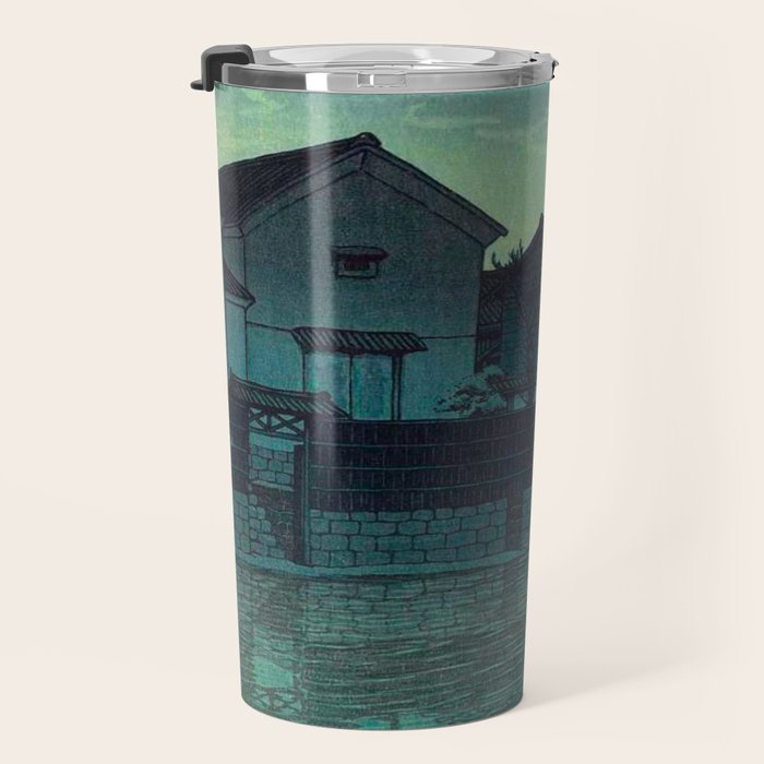 Kawase Hasui Vintage Japanese Woodblock Print Japanese Village Under Moonlight Cloudy Sky Travel Mug Gallery Image 3