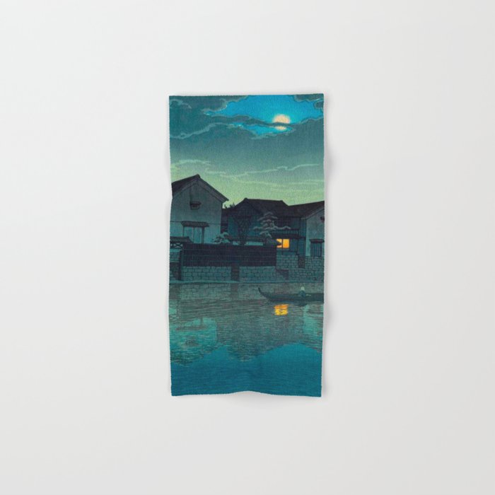 Kawase Hasui Vintage Japanese Woodblock Print Japanese Village Under Moonlight Cloudy Sky Bath Towel Gallery Image 1