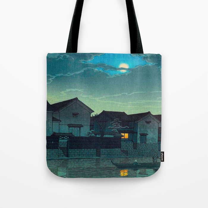 Kawase Hasui Vintage Japanese Woodblock Print Japanese Village Under Moonlight Cloudy Sky Tote Bag Gallery Image 1
