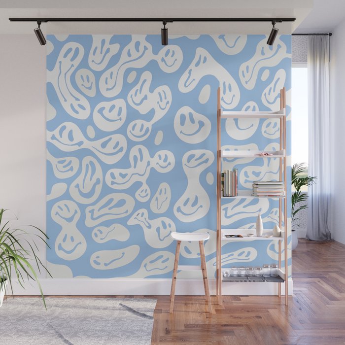 Pastel Blue Dripping Smiley Wall Mural Gallery Image 1