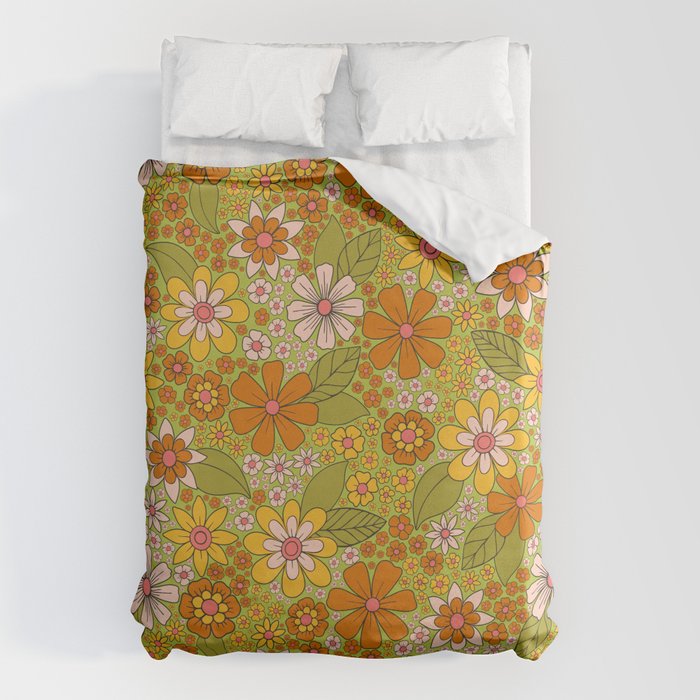 1960s, 1970s Retro Floral in Green, Pink & Orange - Flower Power Duvet Cover Gallery Image 6