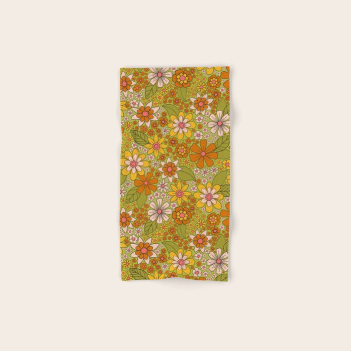 1960s, 1970s Retro Floral in Green, Pink & Orange - Flower Power Bath Towel Gallery Image 1