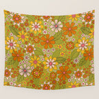 1960s, 1970s Retro Floral in Green, Pink & Orange - Flower Power Wall Tapestry Gallery Image 4
