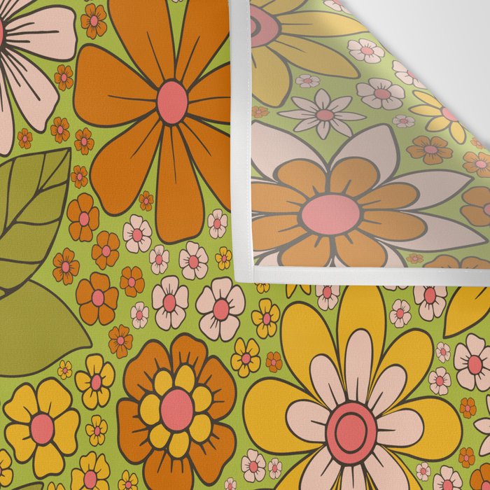 1960s, 1970s Retro Floral in Green, Pink & Orange - Flower Power Wall Tapestry Gallery Image 3