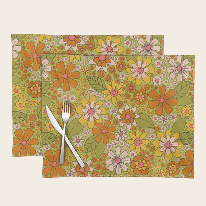 1960s, 1970s Retro Floral in Green, Pink & Orange - Flower Power Placemat Gallery Image 1
