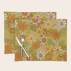 1960s, 1970s Retro Floral in Green, Pink & Orange - Flower Power Placemat Gallery Image 1