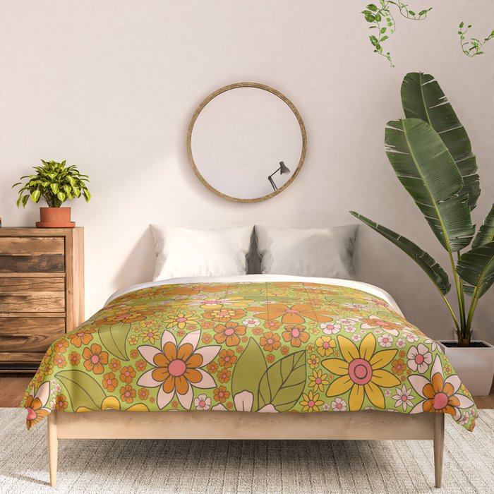 1960s, 1970s Retro Floral in Green, Pink & Orange - Flower Power Comforter Gallery Image 3