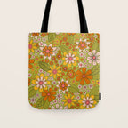 1960s, 1970s Retro Floral in Green, Pink & Orange - Flower Power Tote Bag Gallery Image 1